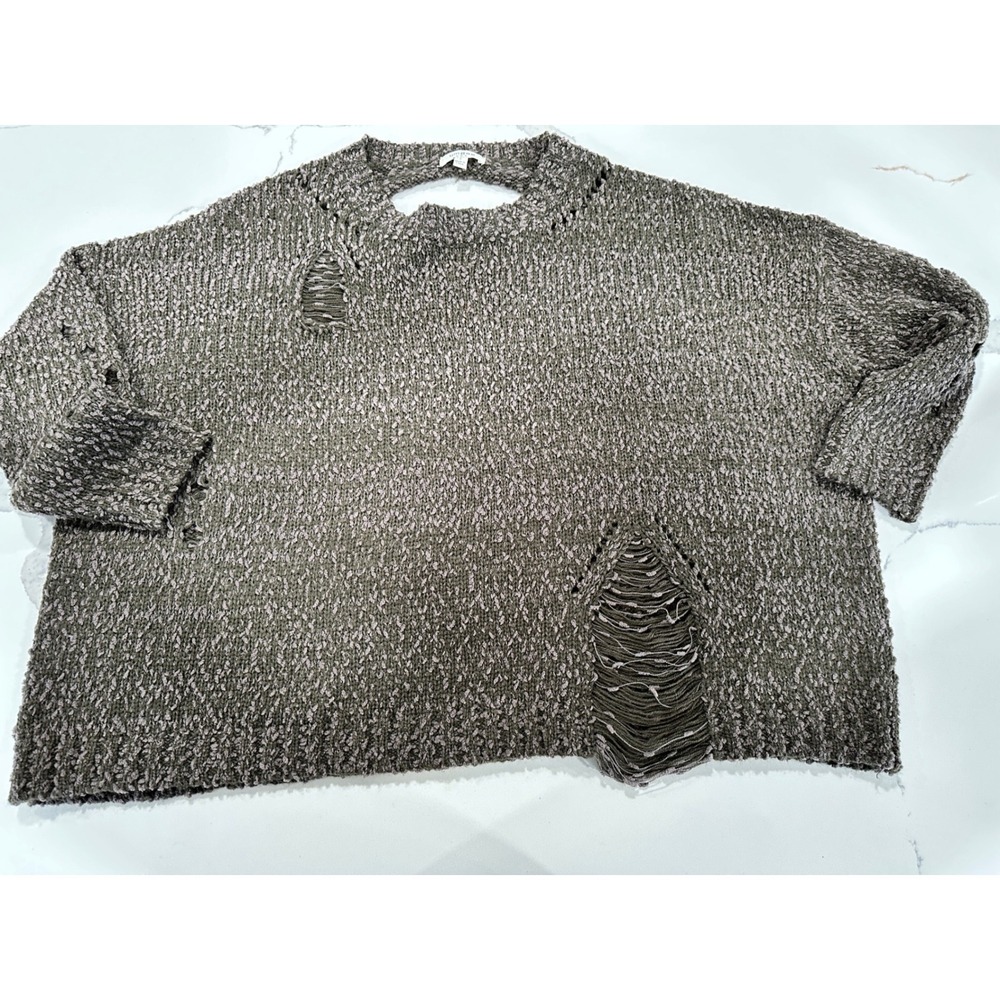 Umgee USA Distressed Oversized Knit Sweater Olive Green Mauve Small Boho Grunge